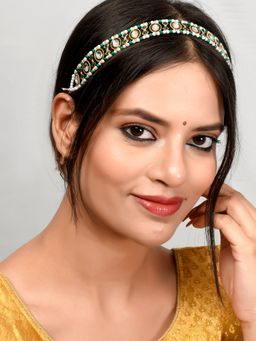 Silvermerc Designs - Gold Plated Green Stone Studded Meenakari Matha Patti