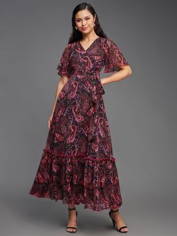 Miss Chase - Women's Multicolored-Base-Black Bohemian V-Neck Relaxed Wrap Maxi Dress