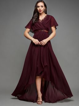 Miss Chase - Women's Wine Embellished V-Neck Georgette Pleated Maxi Dress
