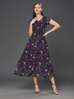Miss Chase - Women's Multi-Color V-Neck Floral Printed Pleated Midi Dress