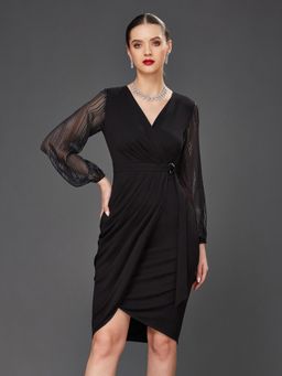 Miss Chase - Women's Black Bishop Sleeves Front Pocketed Wrap Knee-Length Party Dress