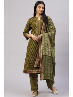 Biba - Olive & Yellow Cotton Woven Unstitched Suit (Set of 3)