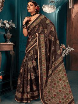 Odette - Womens Brown Cotton Printed Saree with Unstitched Blouse