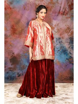 House of Supriya - Tissue Coral Jacket With Embroidery With Sharara (Set of 2)