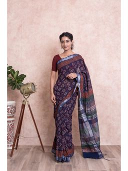 KISHORI - Women Naphtol Motif Print Cotton Linen Saree with Unstitched Blouse - Blue