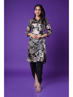 Zari Jaipur - Black Floral Print Kurta and Dhoti (Set of 2)