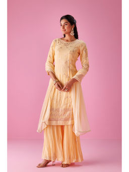 Zari Jaipur - Womens Peach Embroidered Kurta with Sharara and Dupatta (Set of 3)