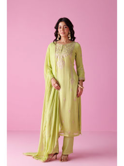 Zari Jaipur - Womens Green Embroidered Kurta with Pant and Dupatta (Set of 3)