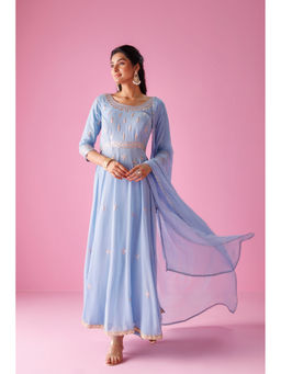 Zari Jaipur - Womens Blue Embroidered Anarkali and Dupatta (Set of 2)