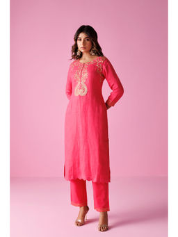 Zari Jaipur - Womens Pink Embroidered Kurta and Pant (Set of 2)