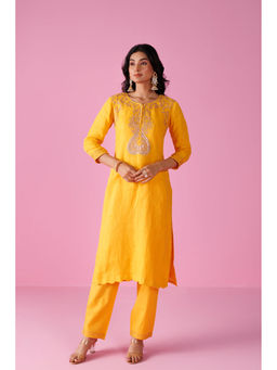 Zari Jaipur - Womens Yellow Embroidered Kurta and Pant (Set of 2)