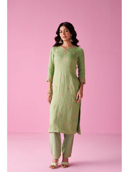 Zari Jaipur - Womens Green Embroidered Kurta and Pant (Set of 2)