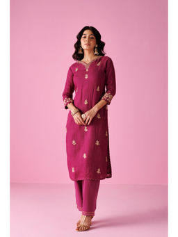 Zari Jaipur - Womens Purple Embroidered Kurta and Pant (Set of 2)