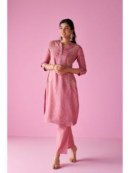 Zari Jaipur - Womens Pink Embroidered Kurta and Pant (Set of 2)