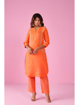 Zari Jaipur - Womens Orange Embroidered Kurta and Pant (Set of 2)