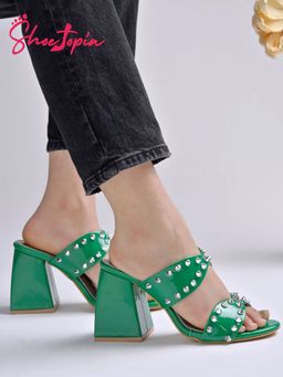 Shoetopia - Stunning Stud Detailed Green Block Heels