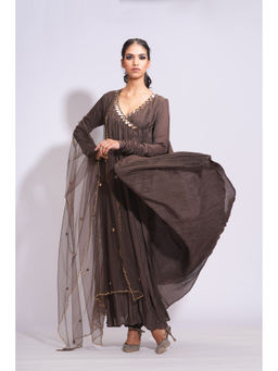 Shruti S - Brown Mulmul Mirror Work Angrakha Kurta with Churidar and Dupatta (Set of 3)
