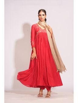 Shruti S - Red Mulmul Anarkali with Salwar and Dupatta (Set of 3)