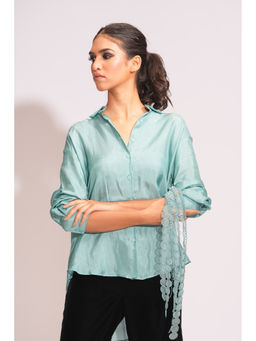 Shruti S - Blue Solid Satin Collar Neck Shirt
