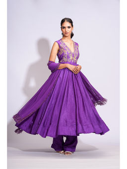 Shruti S - Royal Purple Embroidered Anarkali with Pant and Dupatta (Set of 3)