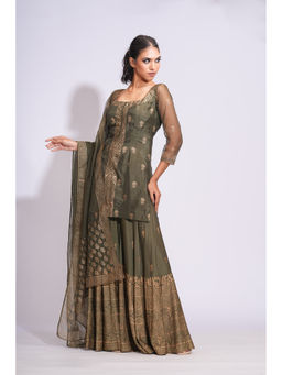 Shruti S - Olive Green Silk Hand Block Print Kurta with Sharara and Dupatta (Set of 3)