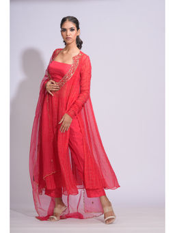 Shruti S - Red Organza Checks Kalidar Kurta with Bustier and Pant Dupatta (Set of 4)