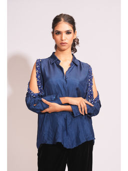 Shruti S - Blue Silk Embroidered Sleeves Cut Out Shirt