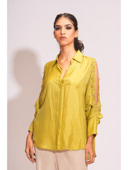 Shruti S - Mustard Silk Embroidered Sleeves Cut Out Shirt