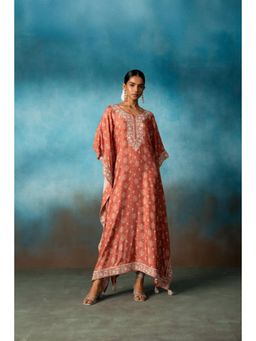 Karaj Jaipur - Brick Rust Printed Long Kaftan