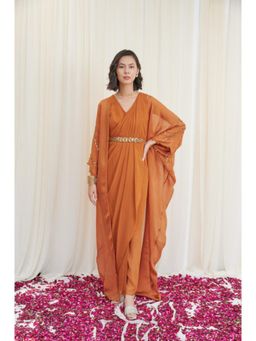 RIRASA - Shivalinga Set Mustard Drape Dress With Embroidered Belt And Cape