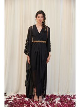 RIRASA - Sampata Set Black Drape Dress With Embroidered Belt And Cape