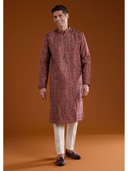 KALKI FASHION - Men Red Mandarin Neck Kurta With Pant