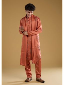 KALKI FASHION - Men Orange Mandarin Neck Kurta Dupatta With Pant