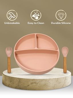 Mi Arcus - Silicone Slip Resistant Tableware Set Pack of 3,Plate,Fork,Spoon- Peach,6 M+