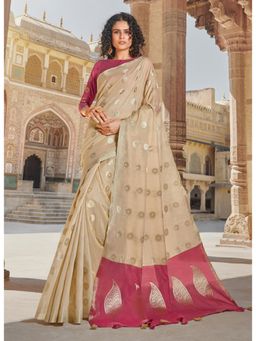 Sangam Prints - Cream Zari Work Traditional Saree with Unstitched Blouse