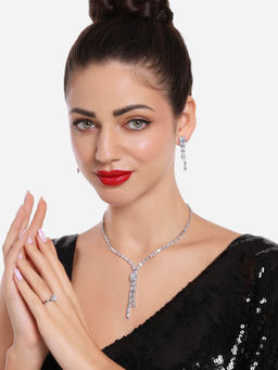 Zaveri Pearls - Silver Tone CZ Party Lariat Necklace Earring & Ring -ZPFK16748 (Set of 3)