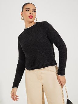 Styli - Women Black Regular Fit Regular Length Sweater with Contrast Tipping