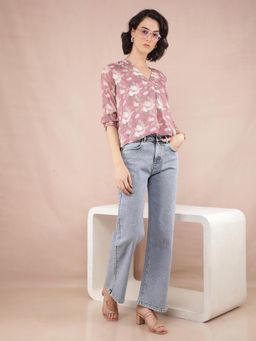 CRIMSOUNE CLUB - Women's Purple Floral Print V-Neck Top