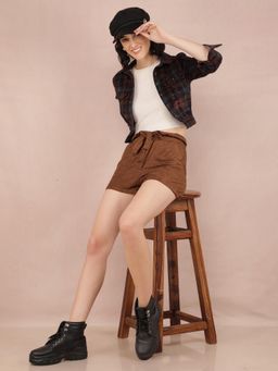 CRIMSOUNE CLUB - Women's Brown Checked Cropped Corduroy Shacket