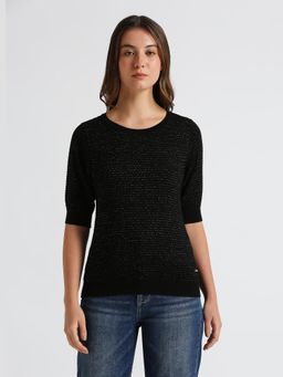 Pepe Jeans - Black Ribbed Hem Short Sleeve Flat Knit Top