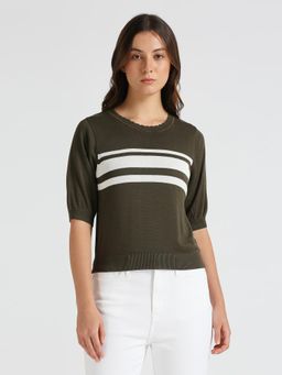 Pepe Jeans - Olive Stripes Puff Sleeve Flat Knit Top