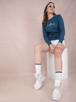 CRIMSOUNE CLUB - Women's Blue Typographic Print Sweatshirt