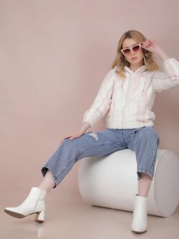 CRIMSOUNE CLUB - Women's Off White Vertical Striped Hooded Neck Sweatshirt