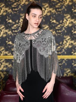 Odette - Off White Net Embroidered Cape for Women
