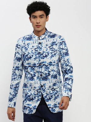 Men's White Printed Mandarin Collar Bandhgala Slim-Fit Blazer