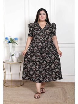 Miravan - Women Cotton Black Floral Midi Dress