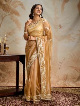 Teejh - Raunaq Peach Orange Net Gota Saree with Unstitched Blouse