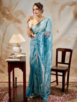 Teejh - Ziaya Teal Blue Net Gota Saree with Unstitched Blouse
