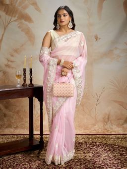 Teejh - Baani Pink Net Lace Work Gota Saree with Unstitched Blouse