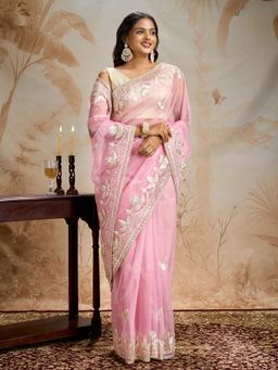 Teejh - Meheriye Pink Net Lace Work Saree with Unstitched Blouse